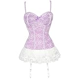 BAIXITE Damen Bustier Korsett mit Spitze und Stäbchen, sexy Miederwaren-Set, Shapewear mit Strumpfgürtel, Übergröße, Pink / Weiß, X-Larg