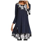 LOPILY Damen Rundhals Lange Ärmel Rüschen Kleid Tunika Minikleid Hohe Taillen Kleider Blumenmuster Freizeit Elegant Frauenkleid Partykleid Große Größen Lose Bequem Festkleid Wickelkleid (X3-Blue, L)