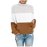 Rollkragenpullover Damen Strickpullover Weich Elegant Strickpulli Langarm Sweater Casual Lose Jumper Sweatshirt Oversize übergroß Top Grobstrick Stricken Farbblock Rundhals Oberteile Frauen Outw