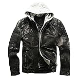 WMJL Echtes Lammleder Herren Japanische Retro Jagd Schwarz Klassische Mode Bikerjacke Mit Abnehmbarer Kapuze,B,L