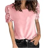 Bluse Damen Tshirt mit Spitze nähten Lässige einfarbige Basic Oberteile Sommer Tops mit kurzen Ärmeln und Rundhals Aushöhlen Pullover mit Spitzenärmeln Locker Passform Tunika Blusen Business S
