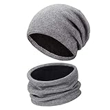 Wmcaps Wintermütze Strickmütze Warme Beanie Winter Mütze und Schal Set, Dicker, weicher, doppelschichtiger Plüschfutterhut und Halswärmer für Herren und Damen Weihnachtsgeschenke (hellgrau)