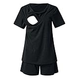 Umstandspyjamas Set Kurzarm T-Shirt Still Schlafanzug Stillshirt und Hose kurz Sommer Stillpyjama-Umstandspyjama-Schlafanzug Baumwolle Umstands Stillshirt und H