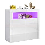 YOLEO Küchenschrank Sideboard mit LED-Leuchte Anrichte matt Hochglanz für Küche Esszimmer Wohnzimmer (weiß, 100 x 92 cm)