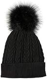 styleBREAKER Damen Feinstrick Bommelmütze mit Zopfmuster, Kunstfell Bommel Mütze, gefütterte Winter Strickmütze 04024100, Farbe:Schw