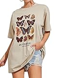 Tomwell Damen Übergroße Pullover Harajuku Vintage Top New Hampshire Print Landschaft Tiger Schmetterling Grafik T-Shirt Khaki L