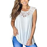 Tanktops mit Rundhalsausschnitt für Damen, lässiges, ärmelloses Oberteil mit Blumenmuster und Spitzensaum, lockere Passform, Tunika-T-Shirts, weiß, X-Larg