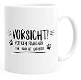 MoonWorks Vorsicht vor dem Frauchen der Hund ist harmlos! Kaffee-Tasse mit Spruch glänzend weiß U