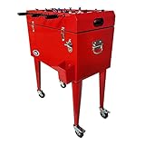 AXI Retro Getränkekühler in Rot mit Tischkicker / Kickertisch / Tischfußball | Kühlwagen / Kühler mit Rollen - 65 Liter | Fahrbare Kühlbox für den Garten / O