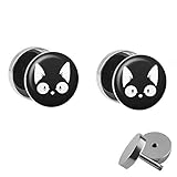 Treuheld | Set - Comic Katze - 2 Ohrstecker zum Schrauben mit Mietze - SCHWARZ-WEIßE Fake Plugs - Ø 10mm - Ohrringe Fakeplug - Silber Ohrring in Schwarz-Weiß - Chirurgenstahl Fak