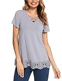 Irevial Damen Sommer Kurzarm, Damen Lässig T-Shirt V-Ausschnitte Riemchen Crossover Design Loose Shirt Spitze Saum Einfarbig Casual Kurzarm Basic Oberteile Elegant Top