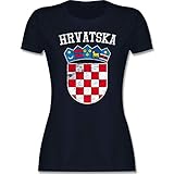 Fussball WM 2022 Fanartikel - Kroatien Wappen EM - M - Navy Blau - Kroatien Tshirt Frauen - L191 - Tailliertes Tshirt für Damen und Frauen T-S