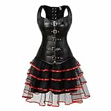 Steampunk Leder Korsett Kleid Tutu Corsagenkleid elegant viktorianisch Corsage mit träger Strapse Rock Set Damen sexy Schwarz rot 3XL