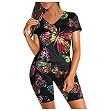 Sonojie Damen Yoga Trainingsanzüge Sport Shirt Kurz Yoga Hosen mit Blume Drucken Leggings Tights Stretch Sporthose Trainingshose Set für Workout Joggen Trainings Fitness Laufen H