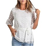 Damen-Chiffon-Bluse mit Fledermausärmeln – kausaler Fester Pom-Kurzarm-Rundhalsgürtel, lockeres T-Shirt, Oberteile,