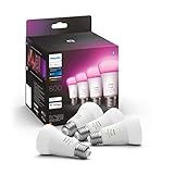 Philips Hue White & Col. Amb. E27 LED Lampen 4-er Pack, dimmbar, 16 Mio. Farben, steuerbar via App, kompatibel mit Amazon Alexa (Echo, Echo Dot), Weiß