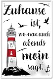 Blechschilder Lustiger Spruch “Zuhause ist, wo Man auch Abends Moin SAGT” Deko Platt Dialekt Hafen Hamburg Metallschild Schild Norden Leuchtturm Geschenk zum Geburtstag oder Weihnachten 20x30