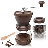 Amazy manuelle Kaffeemühle inkl. Extra-Behälter + 16 Schablonen + Bambuslöffel – Handbetriebene Mühle mit Keramikmahlwerk für feinsten, frischgemahlenen Kaffee (Braun)