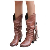 Binggong Damen Stiefel mit Absatz Fransenstiefel Halbhoch Stiefeletten Blockabsatz Warm Cowboy-Stiefel Langschaftstiefel Boots Winterschuhe Schneestiefel Schlupfstiefel Reitsp