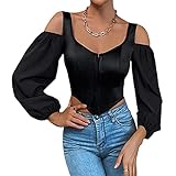 Damen Y2k Langarm T-Shirt Schulterfrei Puffärmel Korsett Top Vintage V Ausschnitt Vorne Snap Slim Crop Top Ästhetisches Crop Tee, Schwarz , Larg