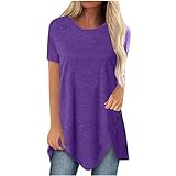 Masrin Damen Tunika Plus Size Einfarbiges T-Shirt Frühling Sommer Kurzarm O-Ausschnitt Lose Lange Oberteile Knopf Unregelmäßige Pullover Bluse(XXXXXL,Violett)