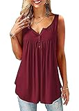 Florboom Damen Longshirt Sommer Kurzarm Tshirt V-Ausschnitt Oberteile Knopfleiste Top Weinrot XXL