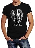 Neverless® Herren T-Shirt Aufdruck Sparta Helm Krieger Warrior Printshirt T-Shirt Used Look Slim Fit Fashion Streetstyle schwarz schwarz L