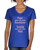 Comedy Shirts - Papa Beschuetzer Vorbild Held - Damen V-Neck T-Shirt - Royalblau/Rosa-Beige Gr. S