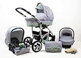 Kinderwagen Largo,3 in 1 -Set Wanne Buggy Babyschale Autositz mit Zubehör Green Ow