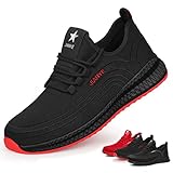 ISOOUS Arbeitsschuhe Herren Leicht Sicherheitsschuhe Damen mit Stahlkappe rutschfest Atmungsaktiv Schuhe Bequem Schutzschuhe Schwarz Rote 36