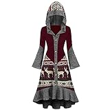 Graceyo Weihnachtskleid Damen Vintage Gothic Kleid Wickelkleid Weihnachten Drucken Rüschen Umhang Pullover Kleid Mit Kapuze Frauen Abendkleid Cocktailkleid Partykleid Festlich Kleidung