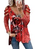 Achlibe Damen Casual Cold Shoulder Tops V-Ausschnitt Spitze Lose Shirts Blusen Stricktop T-Shirt, Rot B, M