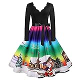 Damen Weihnachtskleid Elegant Langarm Kleider Vintage mit Weihnachtsmotiven Drucken Cocktailkleid Retro Rockabilly Knielang a Linie Festlich Abendkleider Party Swing Abend Prom Kostü