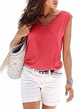 Brosloth Sommer T Shirt Damen V-Ausschnitt Basic Tops Kurzarm Shirt mit Zierbändern am Ausschnitt Koralle L