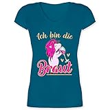 JGA Junggesellenabschied Frauen - Ich Bin die Braut - Einhorn Gold/Fuchsia - 3XL - Türkis - Junggesellinnen-Abschied - XO1525 - Damen T-Shirt mit V