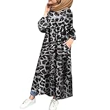 Xmiral Maxikleid Mit Leoparden-Print Für Damen Langarm Rundhals Oversized Taste Kleid Persönlichkeit Kostüm (Grau, S)