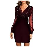 BOTCAM Paillettenkleid Schwarz Glitzerkleid Damen Partykleid Frauen Elegante V-Ausschnitt Langarm Aushöhlen Slim Fit Enges Kleid Glitzer Festliche Kleider Für Damen Abendkleid Ballkleid Minik