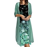 PMDKLSPQ Damen Spitzenkleid Drucken Festliche Brautjungfernkleider Für Hochzeit Midi Abendkleider 3/4 Ärmel Vintage Damenkleider Tüll Cardigan Kleid W