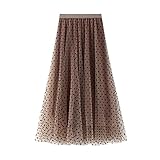 SotRong Damen-Overlay-Rock, mehrlagig, Tüllrock, elastisch, hohe Taille, A-Linie, Midi-Röcke, Netz-Chiffon, Plissee-Kleid mit Blumendekoration, D-beige, Einheitsgröß