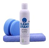 CLEANOFANT Acrylglas-Kunststoff-POLITUR Set - mit 200 ml Politur, 1 x Poliermaus BLAU-medium, 1 x Mikrofaser-Poliertuch - für Wohnwagen-, Wohnmobil-, Caravan-Fenster, Lichtkupp