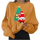 NHNKB Damen Sweatshirt Casual Lose Basic Weihnachten Pullover Langarmshirt Rundhals Pulli Oberteile Warm Winter Tshirt, Weihnachtsmann, Weihnachtsbaum, Geschenk