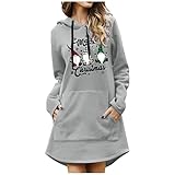 Xmiral Damen Weihnachten Sweatshirts Kleid Einfarbig Druck Lange Pullover Mit Kapuze Tasche Langarm Kleid (04 Grau, XL)