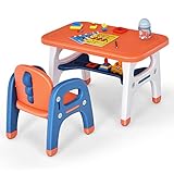 GOPLUS Aktivitätstisch und Stuhl für Kinder, Kindersitzgruppe mit 1 Tisch und 1 Stuhl, Kindertisch aus sicherem Material, Sitzgruppe für Kleinkinder, Kindermöbel-Set, Zum Spielen & Essen (Orange)