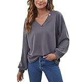 Herbst Und Winter Casual Fashion Damen V-Ausschnitt Einfarbig Knopf Strick Langarm Bottoming Shirt Lose Pullover T-Shirt Top F
