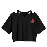 Oberteile Frauen Sommer, Ulanda Teenager Mädchen Mode Crop Top Sport V-Ausschnitt Shirt Bluse Damen Casual Rose Stickerei Kurzarm T-Shirts Hemd Tops Pullover Sale (Schwarz, M)