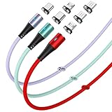 Fließendes Magnetisches LED-Ladekabel (3 Stück, 1m+1m+2m), Magnetisches Telefonladegerät mit 360° und 180° Drehung, Magnet LED Ladekabel USB C Magnetisch compatibel mit Typ C, Micro-USB (Silikon*3)