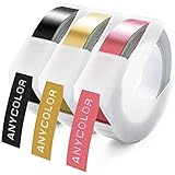 Anycolor kompatible Prägeband als Ersatz für Dymo 3D Prägegerät band Vinyl Kunststoff 9mm, Weiß auf Schwarz/Gold/Rosa, Arbeiten mit Dymo Junior Etikettenprägegerät Dymo Omega Junior Emb