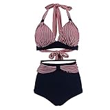 VILOREE Vintage 50s Damen Bademode Bikini Set Push Up Hoher Taille Neckholder Bauchweg Gestreift Top + Blau Shorts XXXL