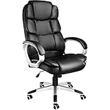 TecTake 403238 Chefsessel mit doppelter Polsterung, ergonomischer Bürostuhl mit Armlehnen, höhenverstellbar, stufenlose Wippmechanik, Lederoptik, schw