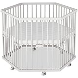 Sämann® Laufgitter 6-eckig mit Matratze, stufenlos höhenverstellbar, Baby Laufstall, gummierte Rollen, Buche weiß lack